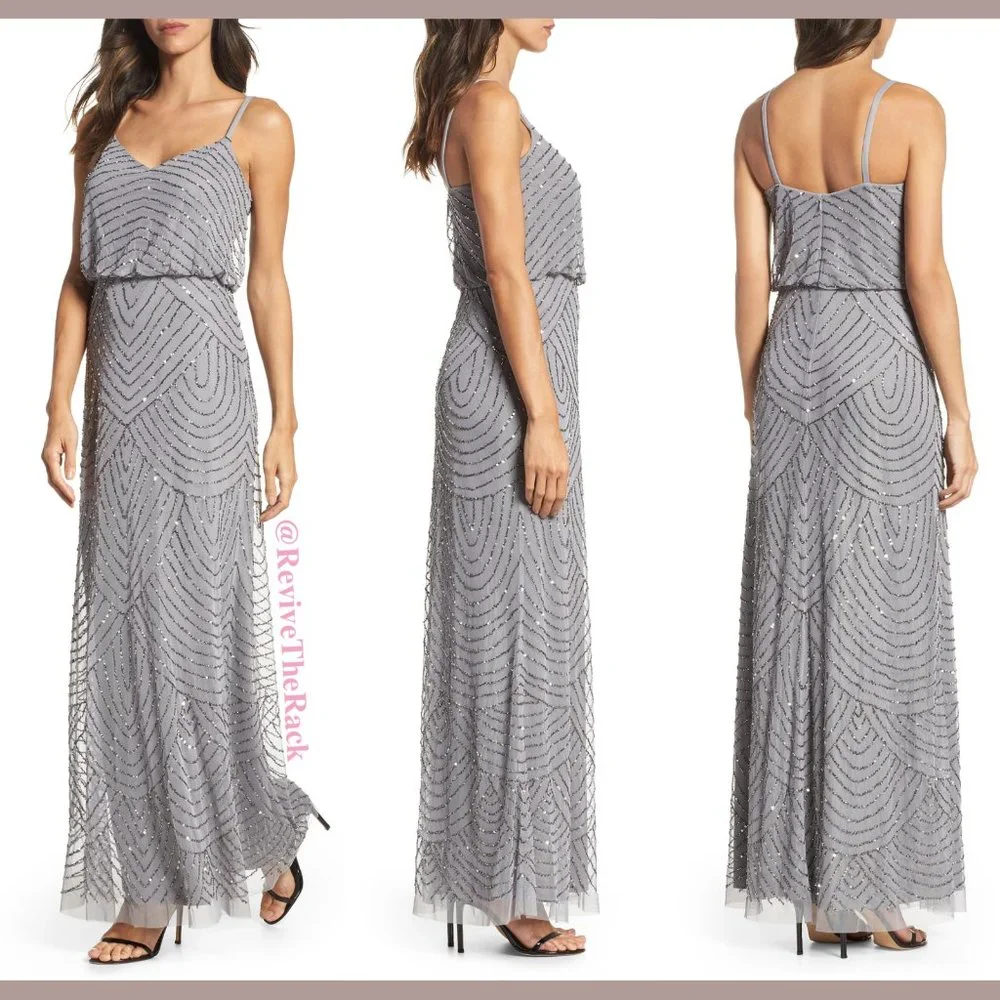 NEW Adrianna Papell Art Deco Beaded Blouson Gown in‎ Silver/Grey [SZ 6 ]